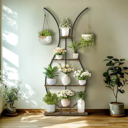 Bunny shaped black & wood metal plant stand living room wall shelf