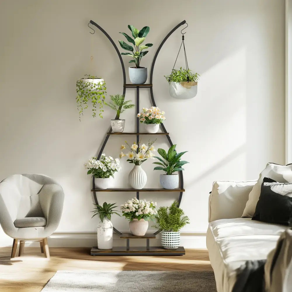 Bunny shaped black & wood metal plant stand living room wall shelf