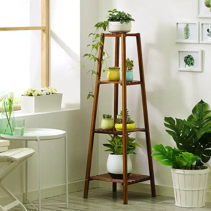 Rustic wooden 4 tier tall plant stand living room a frame rack