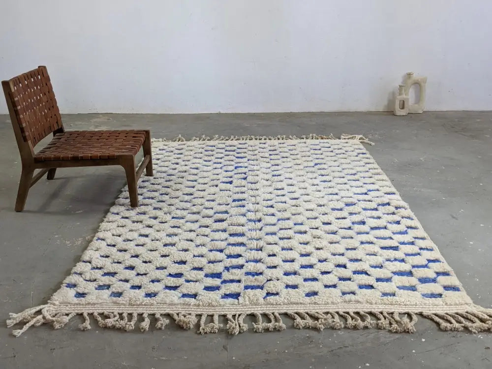 Blue and cream checkered tapis beni ouarain living room rug