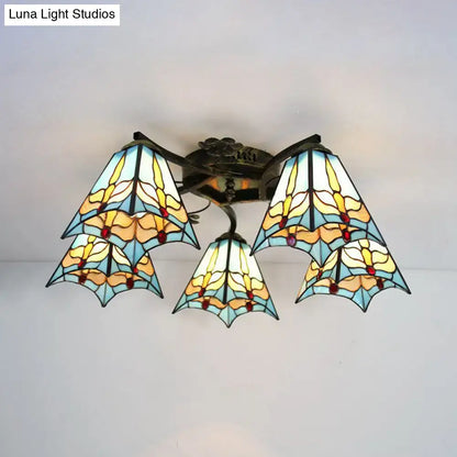 Yellow tiffany stained glass antique bronze ceiling light bedroom