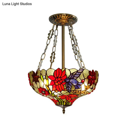 Tiffany stained glass red & purple semi flush ceiling light bedroom