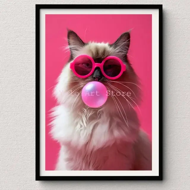 Vibrant pink cat bubblegum canvas wall art print bedroom decor