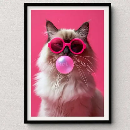 Vibrant pink cat bubblegum canvas wall art print bedroom decor