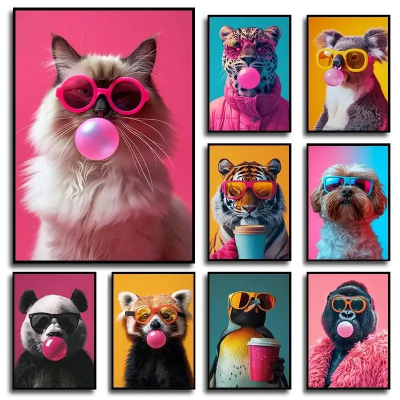 Vibrant pink cat bubblegum canvas wall art print bedroom decor