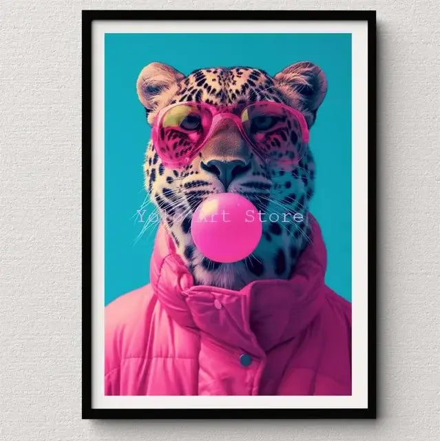 Vibrant pink cat bubblegum canvas wall art print bedroom decor