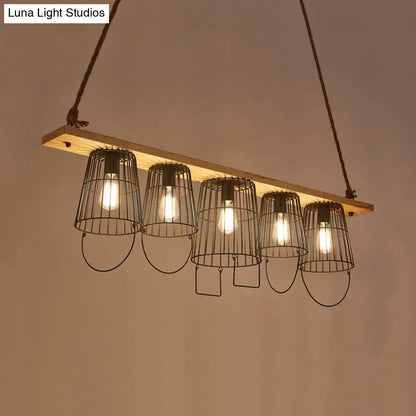 Industrial wood and black metal 5 light island pendant dining room