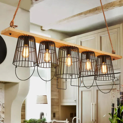Industrial wood and black metal 5 light island pendant dining room