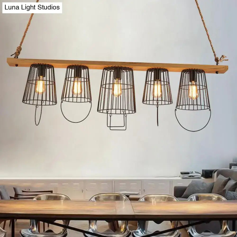 Industrial wood and black metal 5 light island pendant dining room