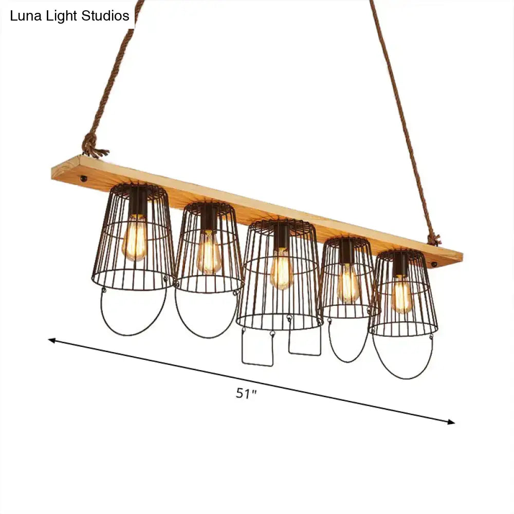 Industrial wood and black metal 5 light island pendant dining room