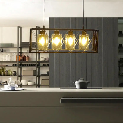 Industrial brass cross framed box pendant light dining room