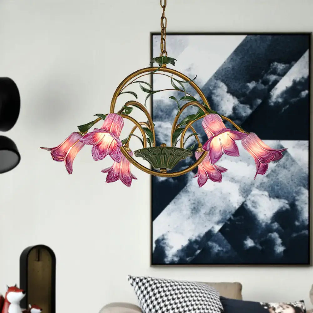 Traditional gold floral chandelier dining room pink e14 glass light