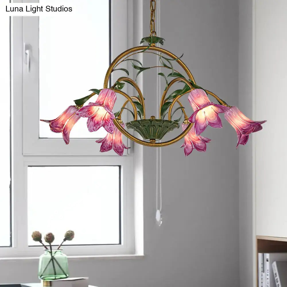 Traditional gold floral chandelier dining room pink e14 glass light