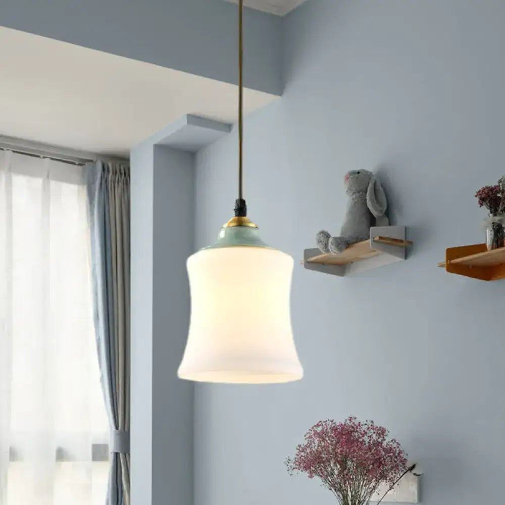 Traditional white glass & mint green bell pendant – dining room light