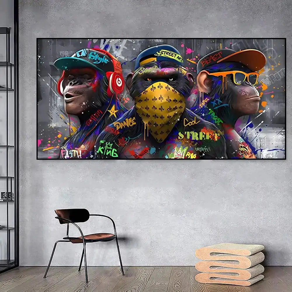 Streetwear graffiti three trendy orangutans wall art living room decor