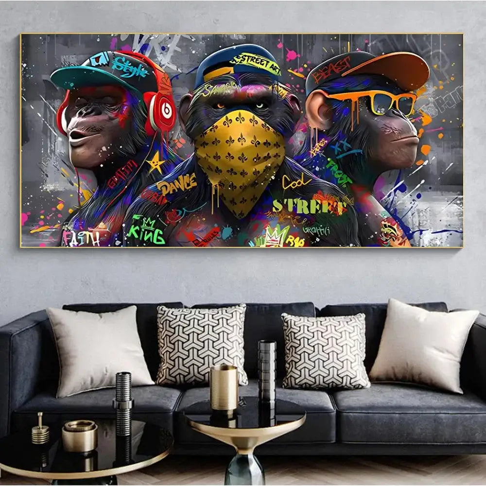 Streetwear graffiti three trendy orangutans wall art living room decor