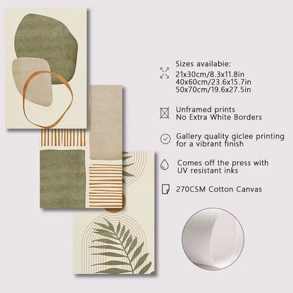 Modern earthy tropical leaves abstract canvas set living room art