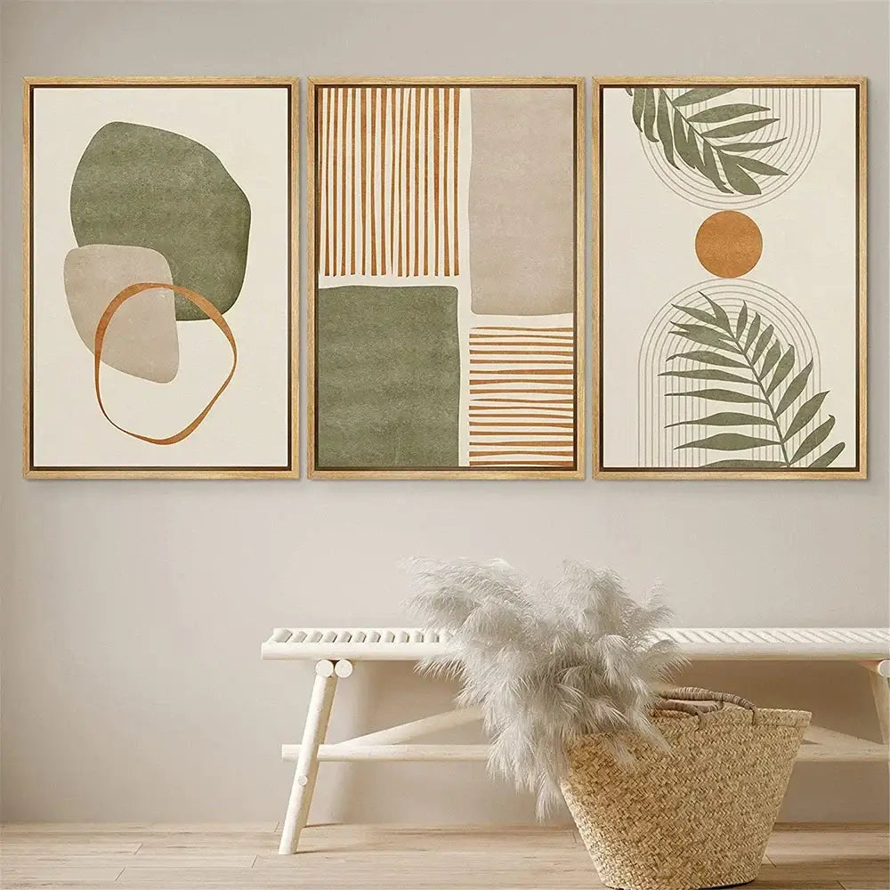 Modern earthy tropical leaves abstract canvas set living room art