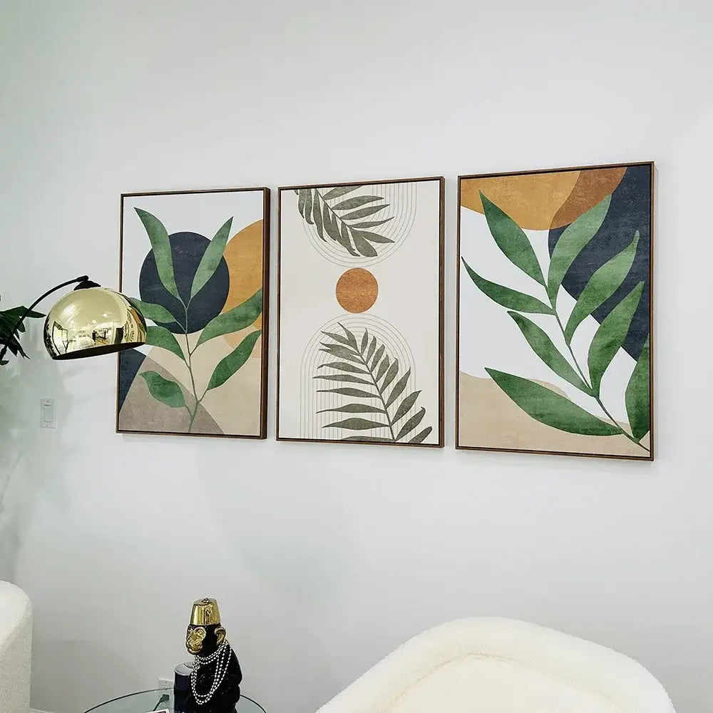 Modern earthy tropical leaves abstract canvas set living room art