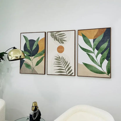 Modern earthy tropical leaves abstract canvas set living room art