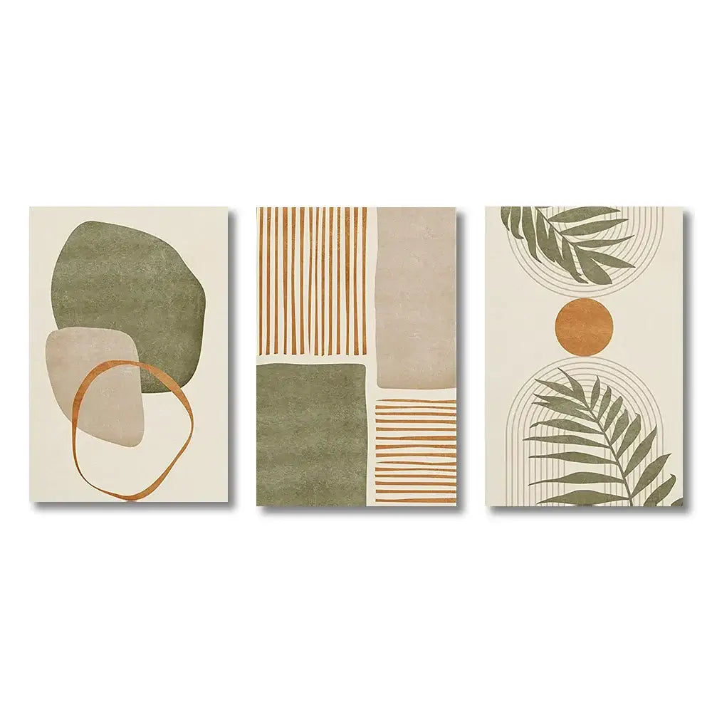Modern earthy tropical leaves abstract canvas set living room art