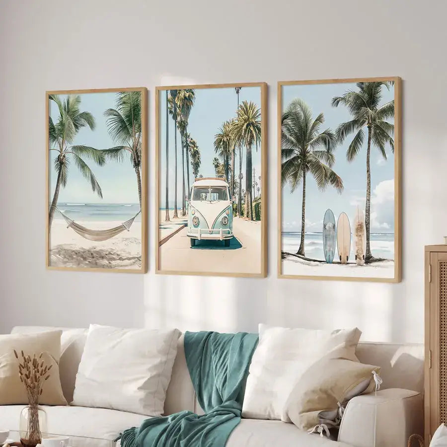 Pastel tropical surfboard travel wall art set for living room