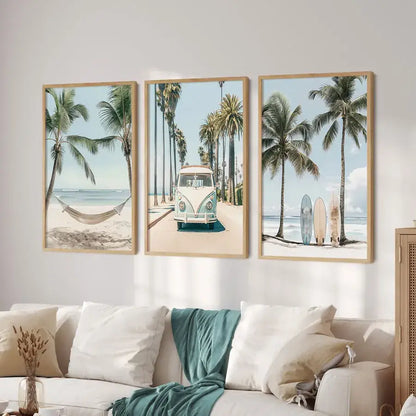 Pastel tropical surfboard travel wall art set for living room