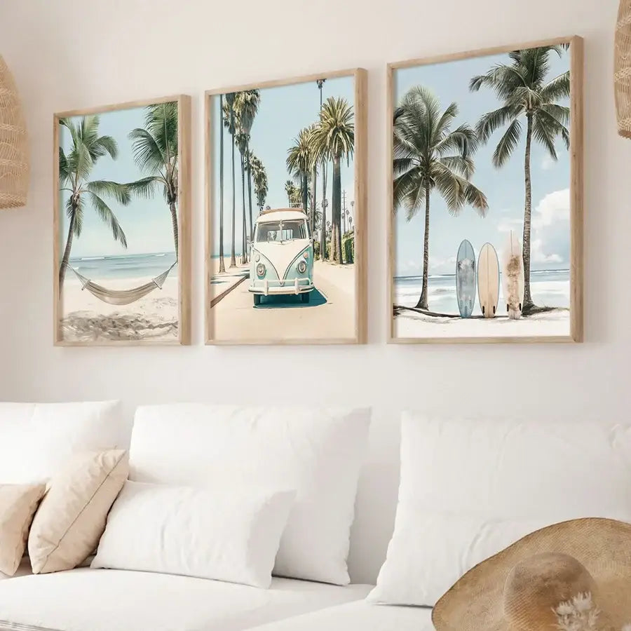 Pastel tropical surfboard travel wall art set for living room