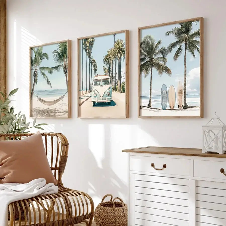 Pastel tropical surfboard travel wall art set for living room