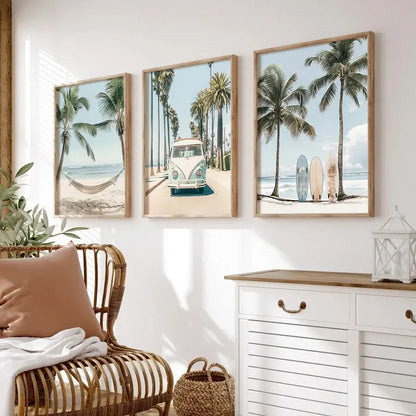 Pastel tropical surfboard travel wall art set for living room