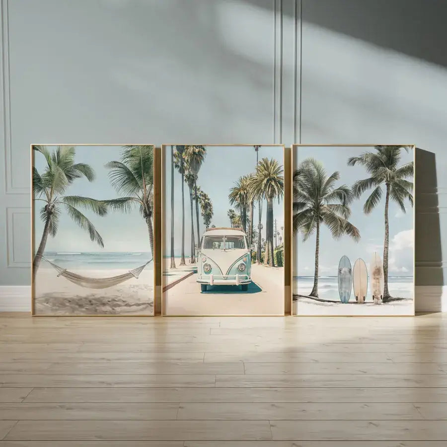 Pastel tropical surfboard travel wall art set for living room