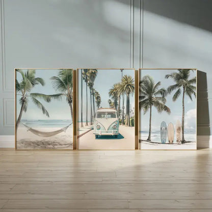 Pastel tropical surfboard travel wall art set for living room