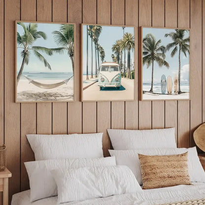 Pastel tropical surfboard travel wall art set for living room