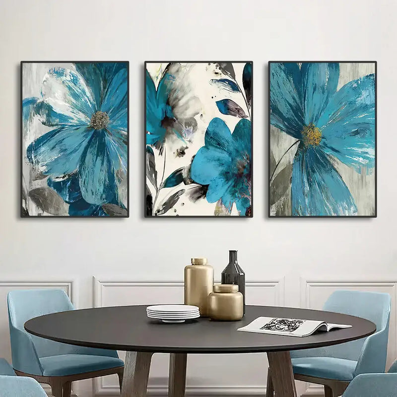 Vintage blue abstract floral wall art set living room decor