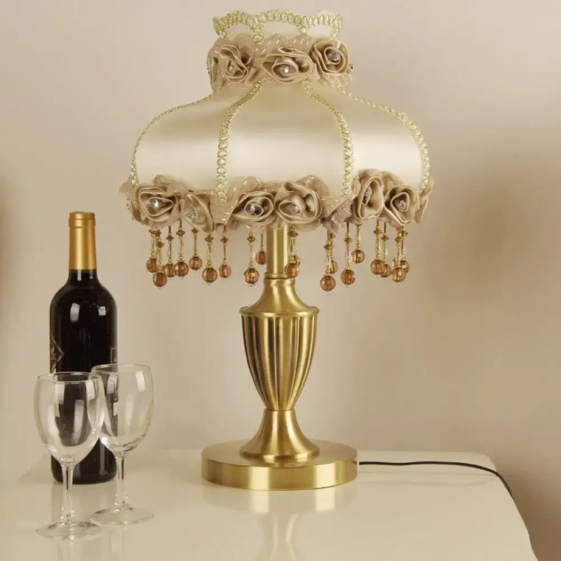 Vintage brass fabric flower table light bedroom lamp with amber beads