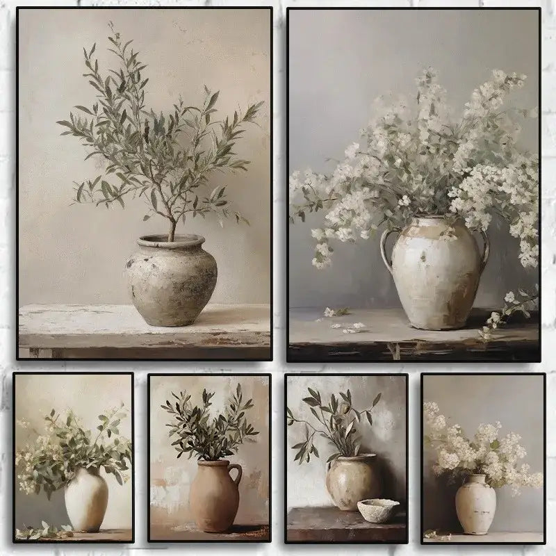 Vintage floral vase framed wall art set of 6 living room decor