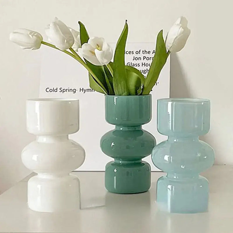 Vintage teal and white glass flower vase living room decor