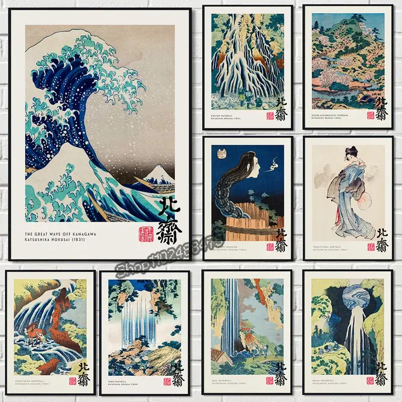 Vintage great wave hokusai framed canvas print set living room decor