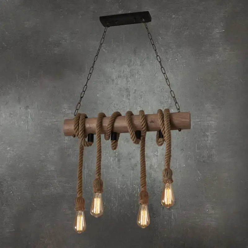 Vintage wood and hemp rope pendant light dining room chain cord