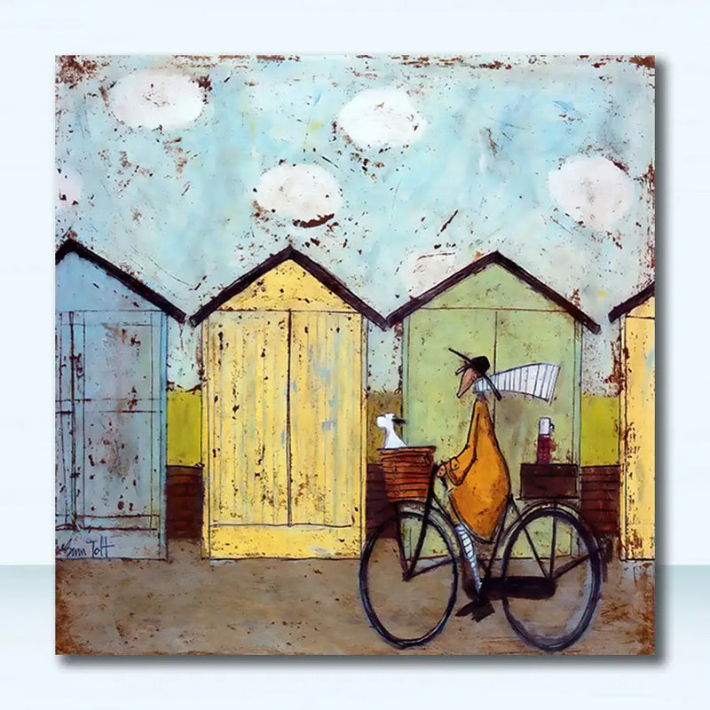 Vintage nordic abstract landscape cyclist canvas art for living room