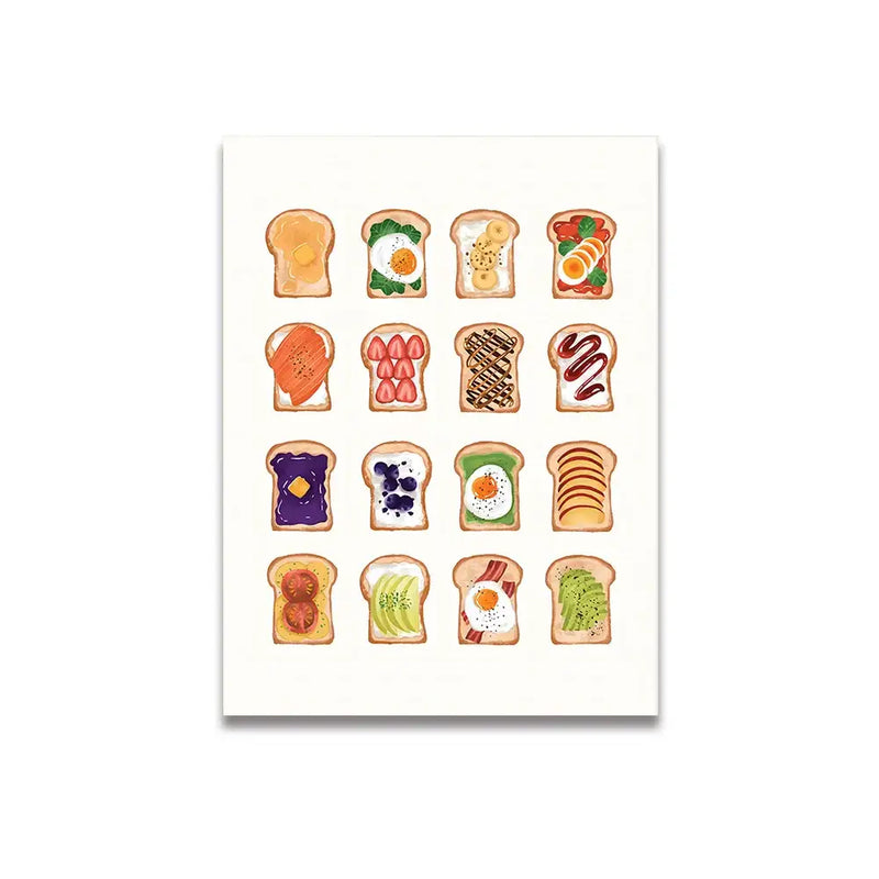 Vintage pink cartoon print toast grid canvas kitchen wall art