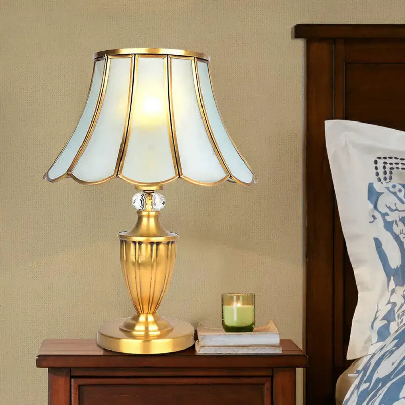 Vintage brass table lamp with scalloped opaque glass for bedroom