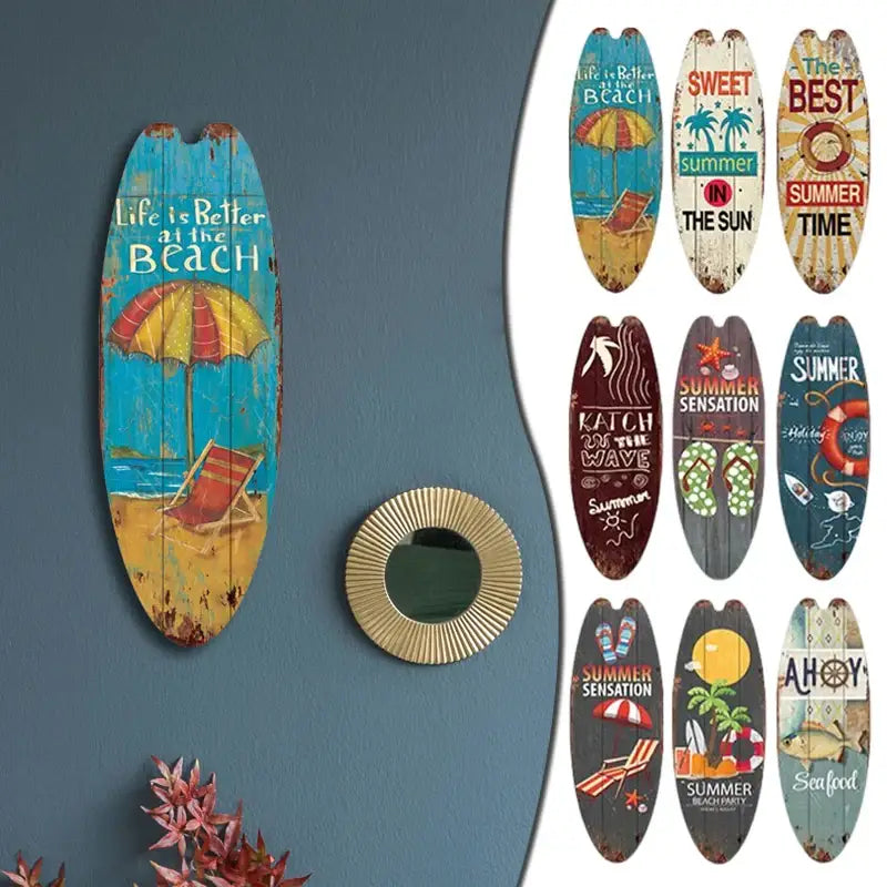 Vintage blue & yellow surfboard door sign – living room wall decor