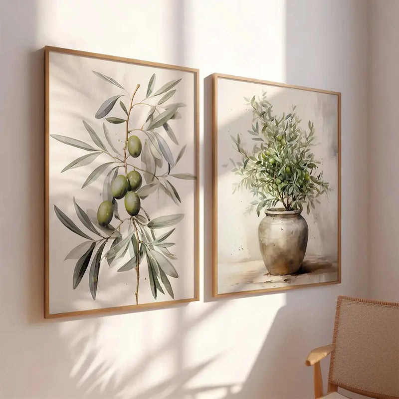 Vintage watercolor olive branch framed art set for dining room