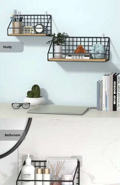Industrial black and wood wall mounted shelves – kitchen storage basket