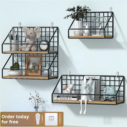 Industrial black and wood wall mounted shelves – kitchen storage basket