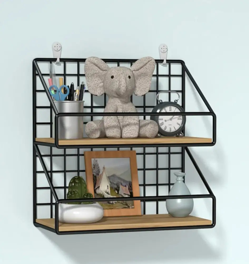 Industrial black and wood wall mounted shelves – kitchen storage basket