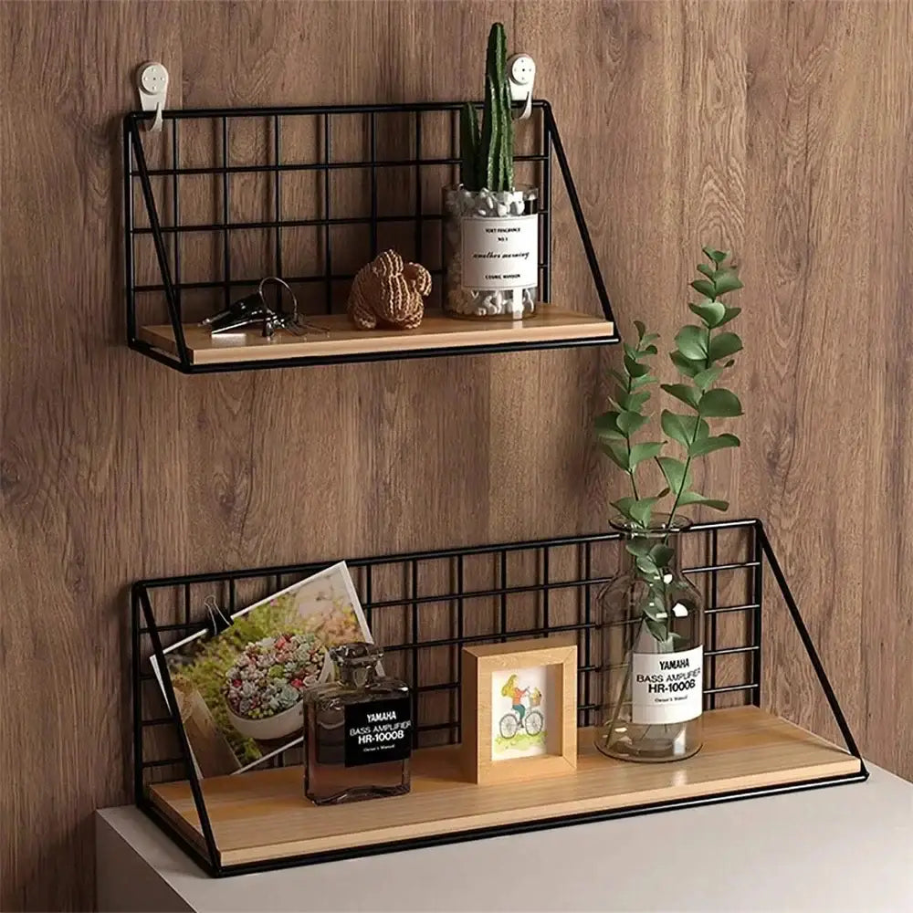 Industrial black and wood wall mounted shelves – kitchen storage basket