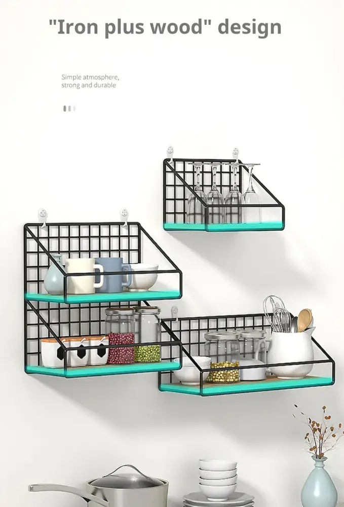 Industrial black and wood wall mounted shelves – kitchen storage basket