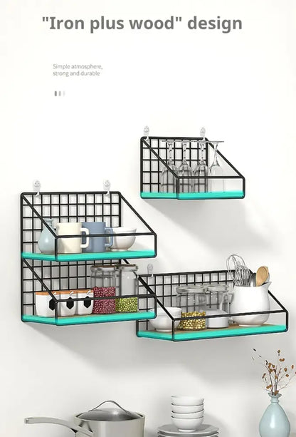 Industrial black and wood wall mounted shelves – kitchen storage basket